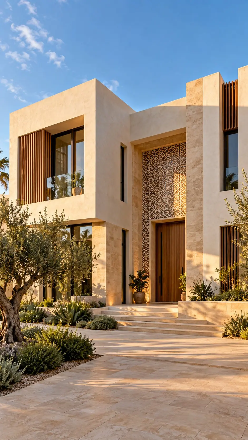 Villa contemporaine en pierre claire avec claustra en bois et jardin méditerranéen