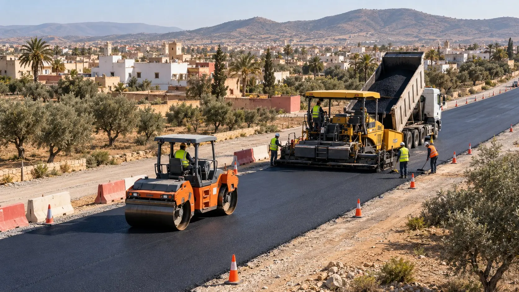 Chantier d’asphaltage d’une route : finisseur, camion et compacteur sur l’enrobé neuf