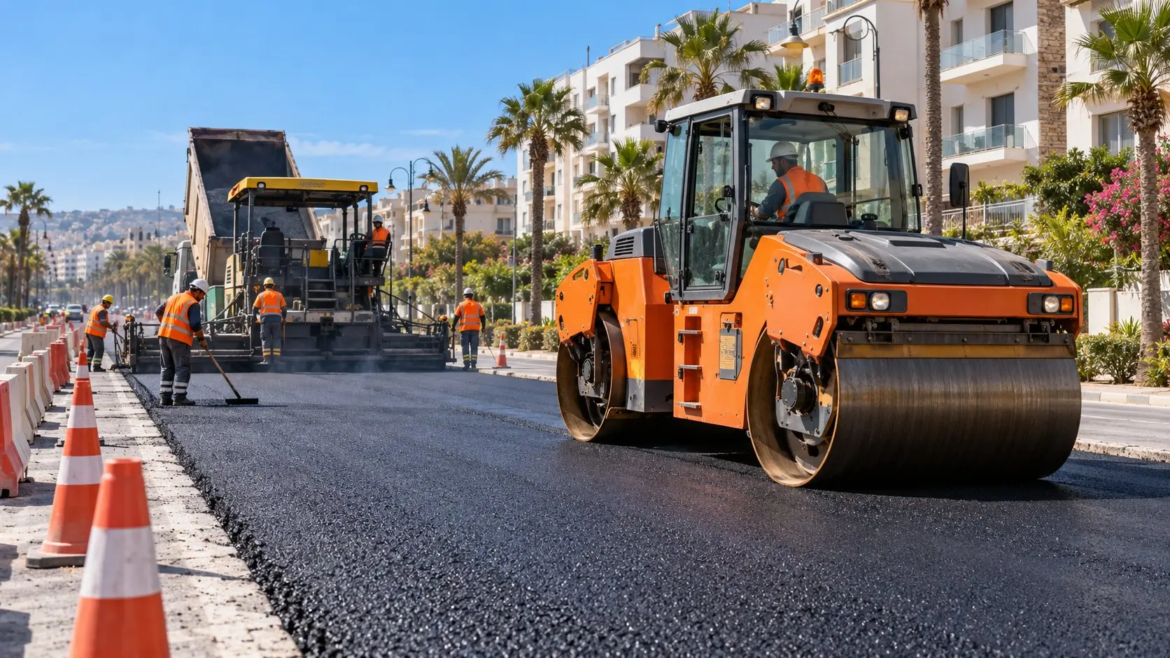 Compacteur et finisseur posant un enrobé neuf sur une avenue bordée de palmiers