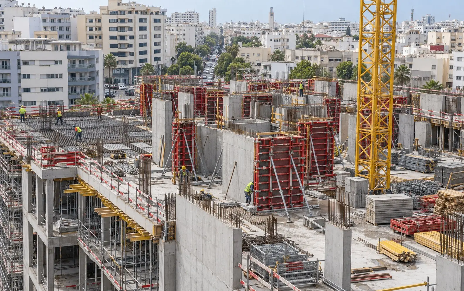 Vue plongeante sur un chantier en cours : voiles en béton, coffrages et grue à tour, ville à l’arrière-plan