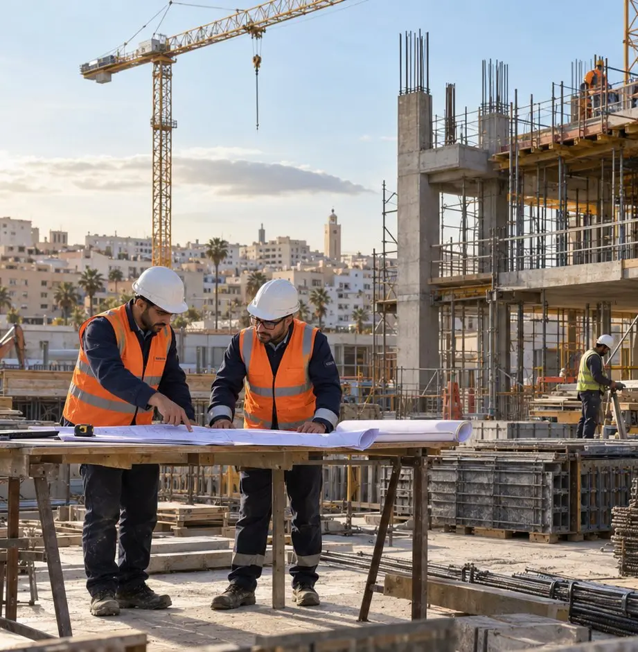 Deux techniciens casqués étudient des plans sur un chantier, grue et structure en béton à l’arrière-plan