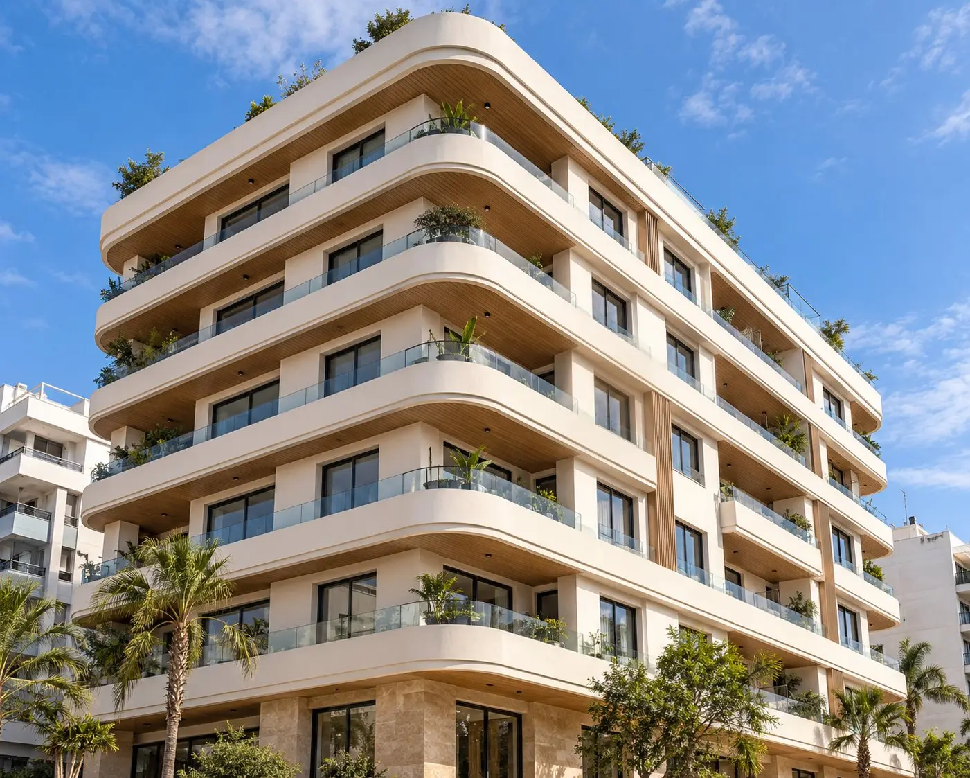 Immeuble résidentiel contemporain aux balcons arrondis, sous un ciel bleu